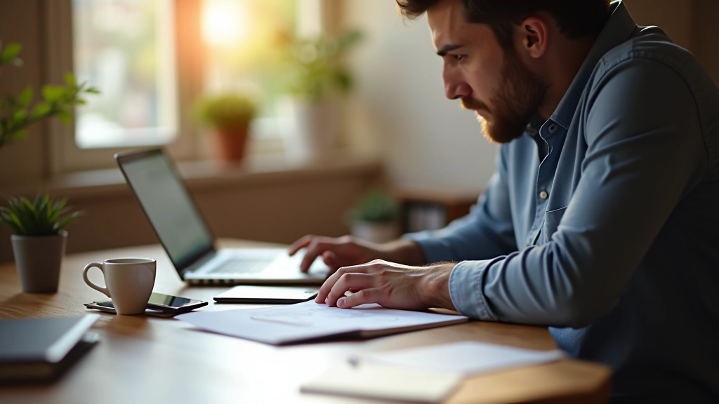 Professionista che lavora al computer con caffè, ambiente di lavoro moderno e ordinato