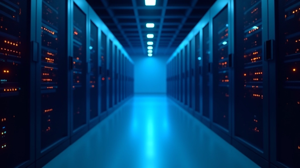 Server farm con luci blu e arancioni, infrastruttura di data center per hosting web