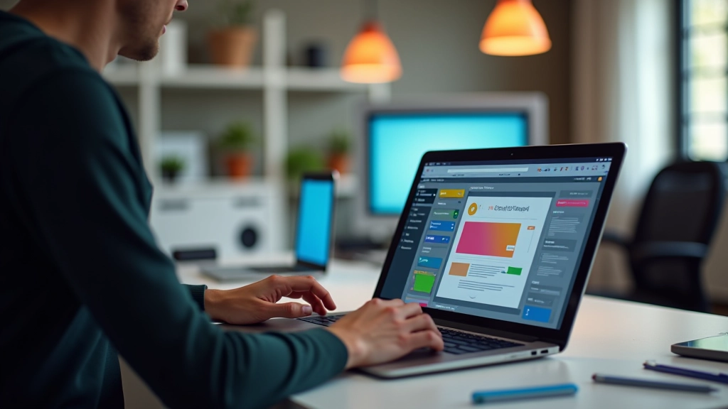 Ambiente di lavoro moderno per lo sviluppo web con designer che lavora su WordPress