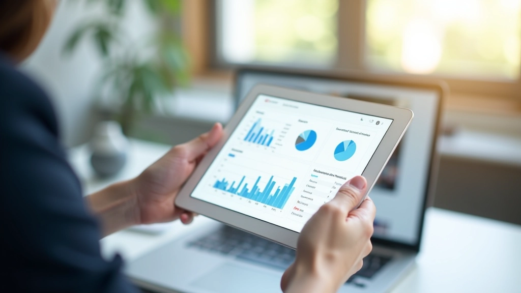 Persona che esamina un report di analisi web su un tablet, mostrando metriche di traffico e performance