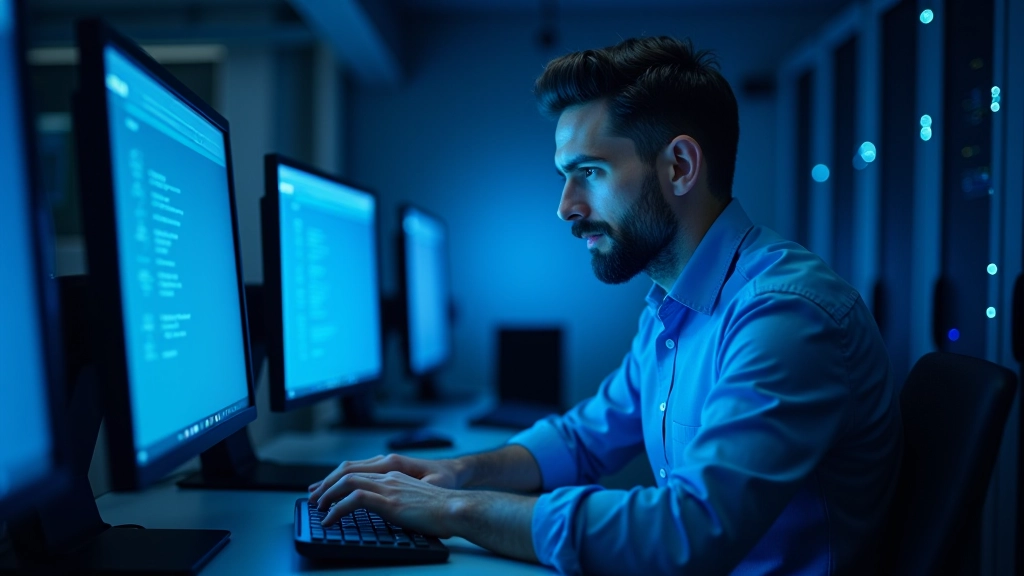 Tecnico che lavora su una tastiera in un ambiente di server, simbolo di manutenzione e supporto tecnico