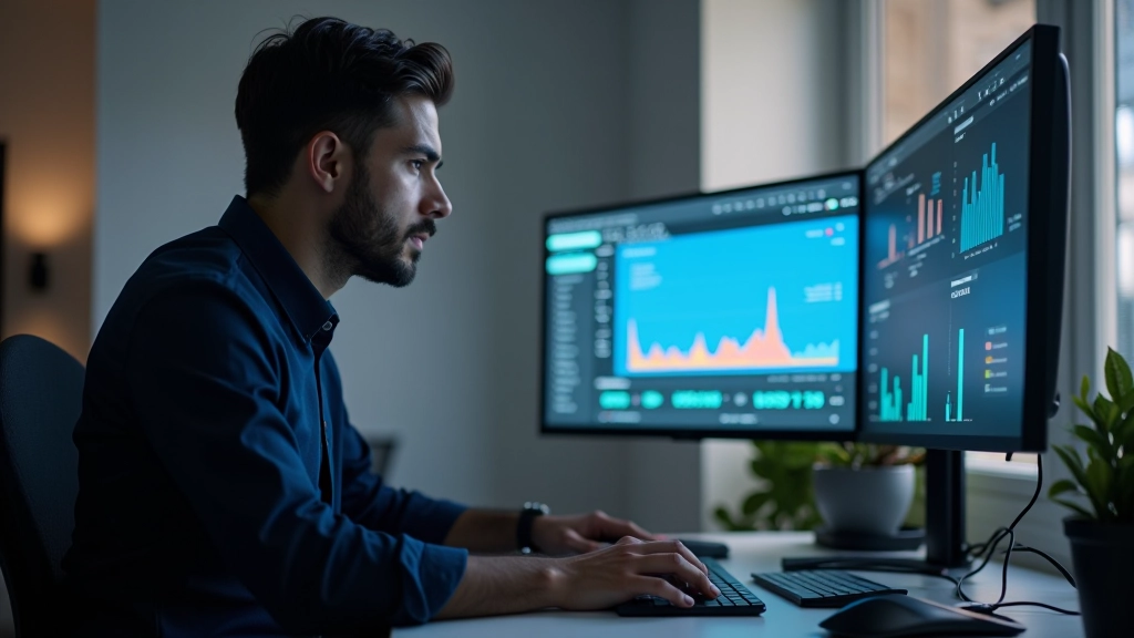 Sviluppatore web che monitora le prestazioni del sito WordPress su schermo doppio